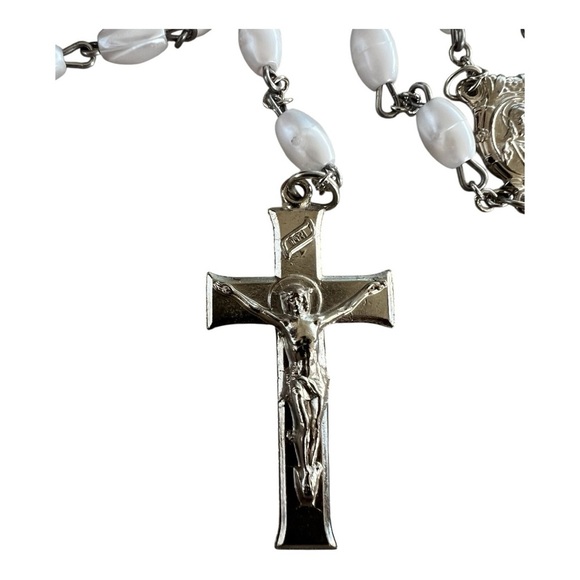 White Beaded Rosary with Silver Cross - Picture 3 of 4